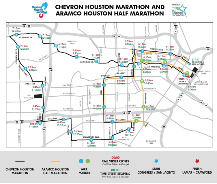 Street closures during the Houston Marathon on January 20