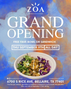 ZOA Moroccan Kitchen will open September 9 in Bellaire.