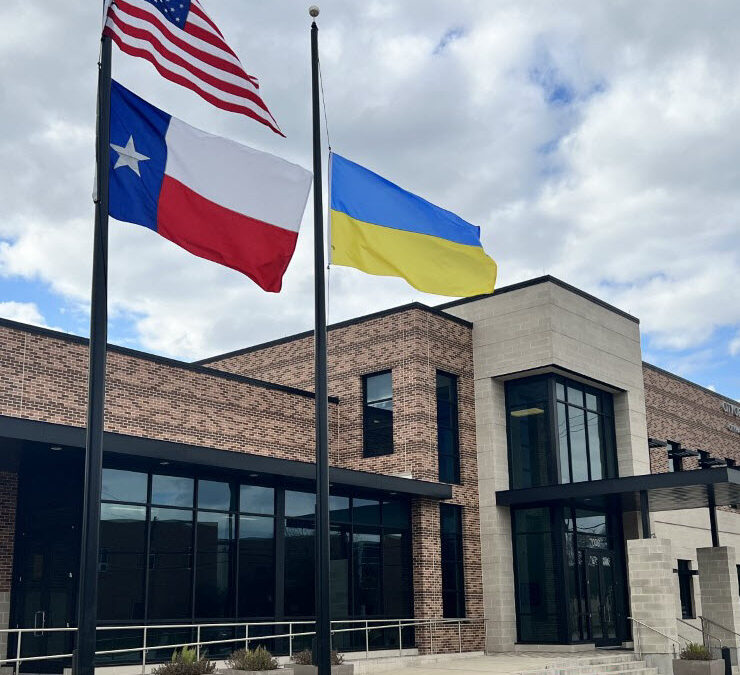 The City of Bellaire stands with Ukraine by flying the country’s flag.